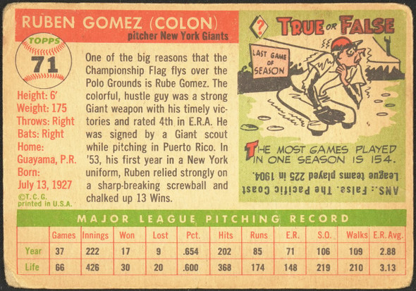 1955 Topps Ruben Gomez #71 New York Giants Low Grade - Creases back of card