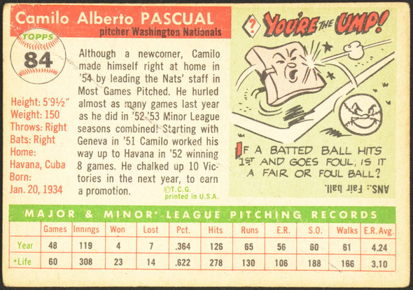 1955 Topps Camilo Pascual #84 Washington Senators RC Low Grade - Creases back of card