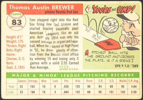 1955 Topps Tom Brewer #83 Boston Red Sox RC Low Grade - Creases — Example A back of card