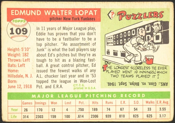 1955 Topps Ed Lopat #109 New York Yankees Low Grade - Creases back of card