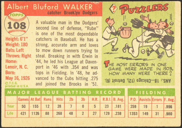 1955 Topps Rube Walker #108 Brooklyn Dodgers Fair back of card