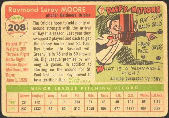 1955 Topps Ray Moore #208 Baltimore Orioles RC High Number Fair back of card