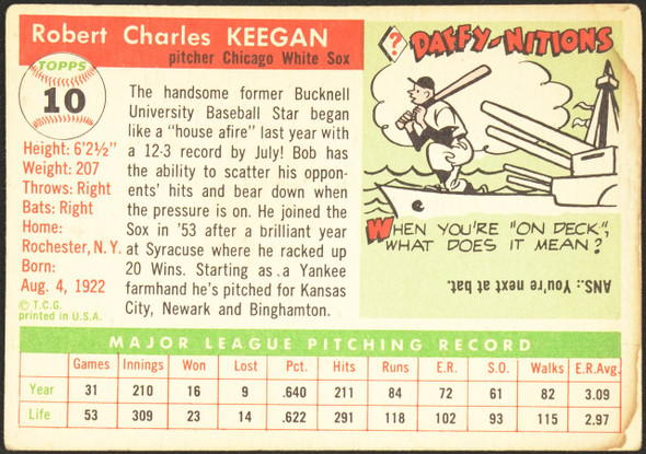 1955 Topps Bob Keegan #10 Chicago White Sox Low Grade - Creases — Example A back of card