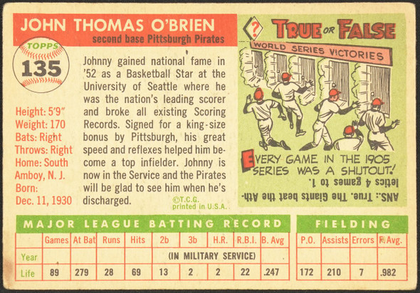 1955 Topps Johnny O'Brien #135 Pittsburgh Pirates Fair back of card