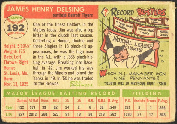 1955 Topps Jim Delsing #192 Detroit Tigers High Number Low Grade - Creases Example B back of card