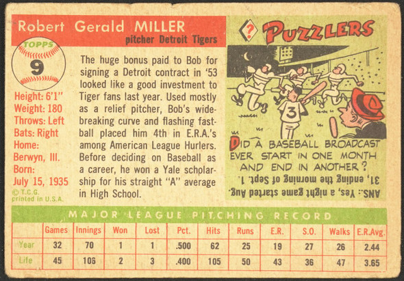 1955 Topps Bob Miller #9 Detroit Tigers Low Grade - Creases back of card