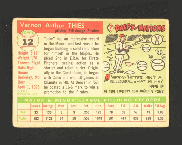 1955 Topps Jake Thies #12 Pittsburgh Pirates RC Low Grade - Creases back of card