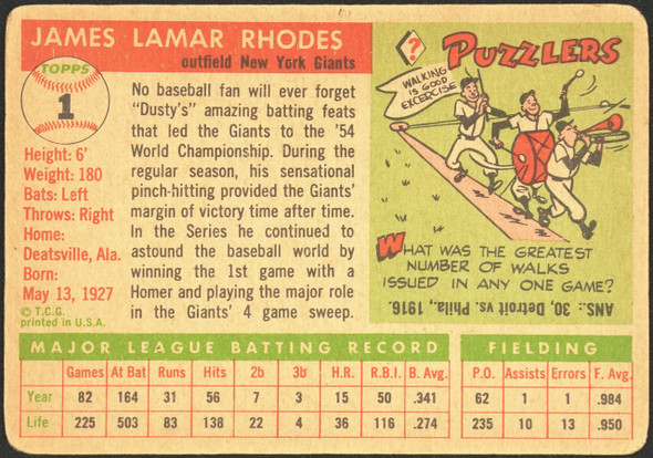 1955 Topps Dusty Rhodes #1 New York Giants Fair back of card