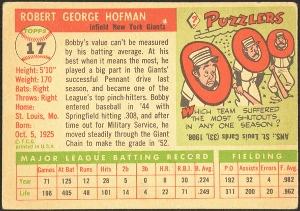 1955 Topps Bobby Hofman #17 New York Giants Fair back of card