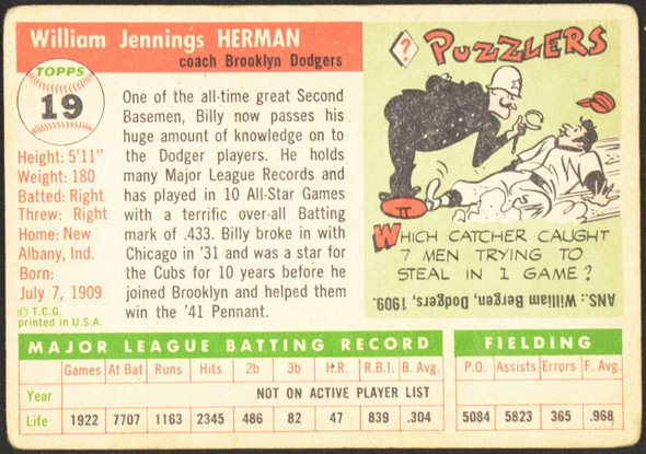 1955 Topps Billy Herman #19 Brooklyn Dodgers Fair back of card