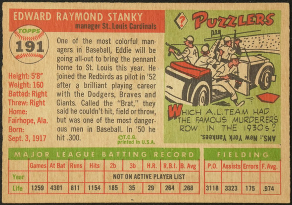 1955 Topps Eddie Stanky #191 St. Louis Cardinals High Number Fair — Example A back of card