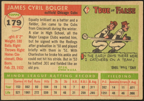 1955 Topps Jim Bolger #179 Chicago Cubs High Number Low Grade - Creases — Example A back of card