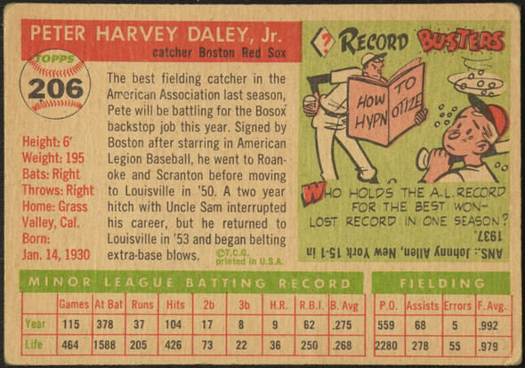 1955 Topps Pete Daley #206 Boston Red Sox RC High Number Fair Example A back of card