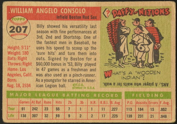 1955 Topps Billy Consolo #207 Boston Red Sox High Number Low Grade - Creases Example A back of card