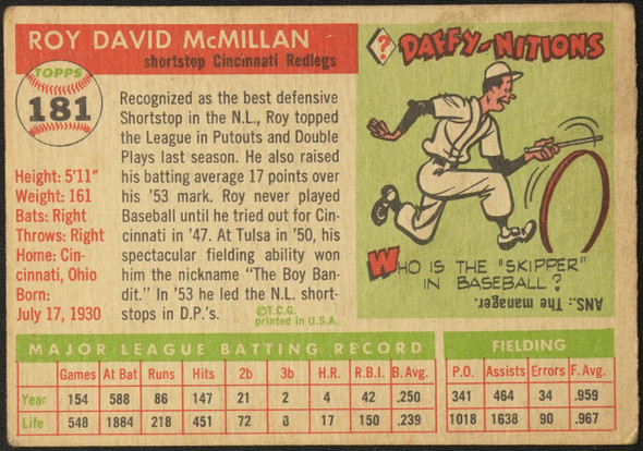 1955 Topps Roy McMillan #181 Cincinnati Redlegs High Number Fair — Example B back of card