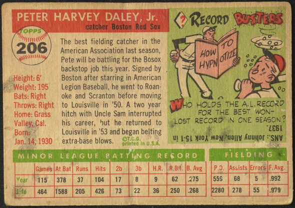 1955 Topps Pete Daley #206 Boston Red Sox RC High Number Fair Example B back of card
