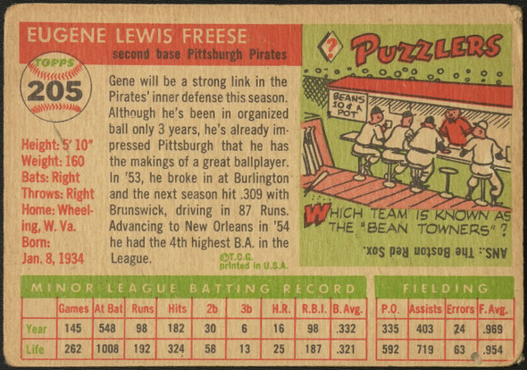 1955 Topps Gene Freese #205 Pittsburgh Pirates RC High Number Low Grade - Creases Example A back of card