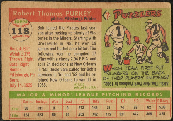 1955 Topps Bob Purkey #118 Pittsburgh Pirates Fair — Example A back of card