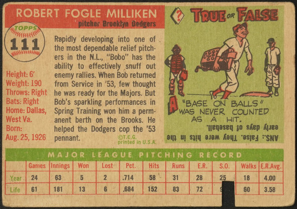 1955 Topps Bob Milliken #111 Brooklyn Dodgers Poor back of card