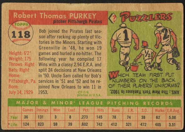 1955 Topps Bob Purkey #118 Pittsburgh Pirates Low Grade - Creases — Example A back of card