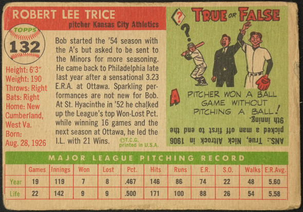 1955 Topps Bob Trice #132 Kansas City Athletics Low Grade - Creases Example A back of card