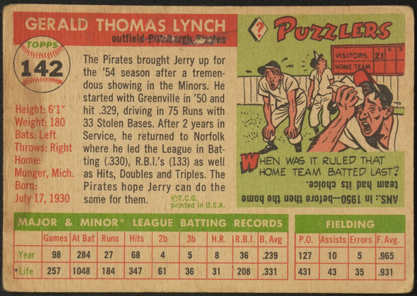 1955 Topps Jerry Lynch #142 Pittsburgh Pirates Fair back of card