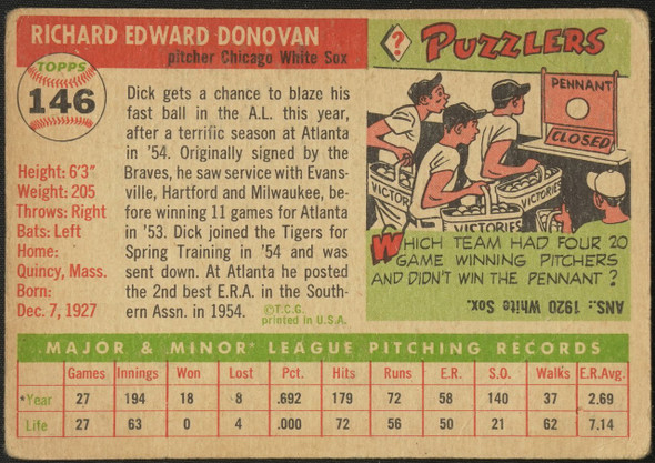 1955 Topps Dick Donovan #146 Chicago White Sox RC Fair Example A back of card