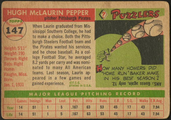 1955 Topps Laurin Pepper #147 Pittsburgh Pirates Fair Example A back of card