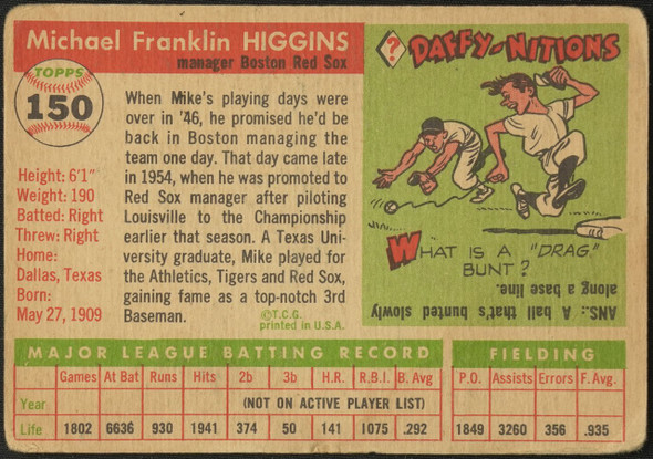 1955 Topps Pinky Higgins #150 Boston Red Sox Fair — Example A back of card