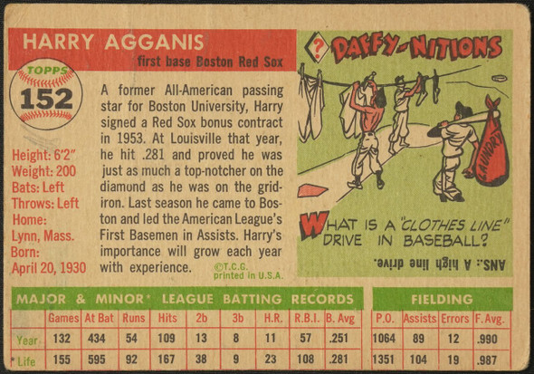 1955 Topps Harry Agganis #152 Boston Red Sox RC Low Grade - Marks back of card