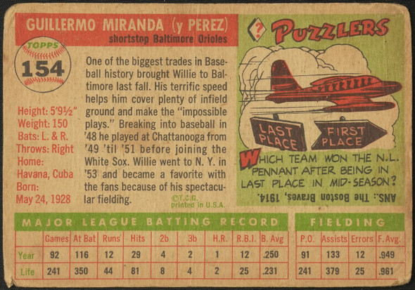 1955 Topps Willie Miranda #154 Baltimore Orioles Low Grade - Creases — Example A back of card