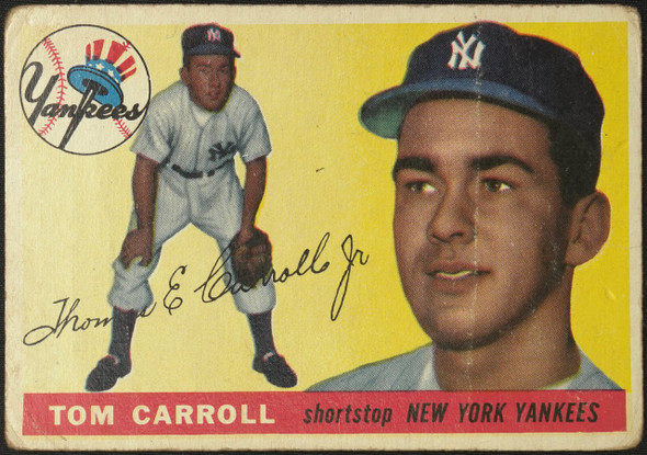 1955 Topps Tom Carroll #158 New York Yankees RC Low Grade - Creases — Example B front of card