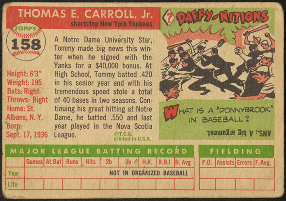 1955 Topps Tom Carroll #158 New York Yankees RC Fair Example A back of card