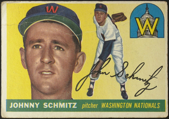 1955 Topps Johnny Schmitz #159 Washington Senators Low Grade - Creases Example A front of card