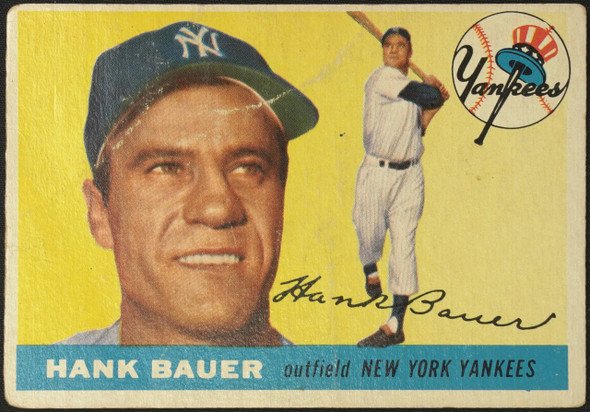 1955 Topps Hank Bauer #166 New York Yankees High Number Low Grade - Creases front of card