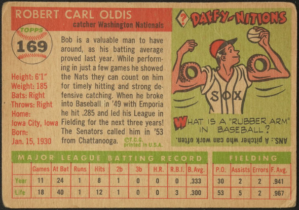 1955 Topps Bob Oldis #169 Washington Senators High Number Fair back of card