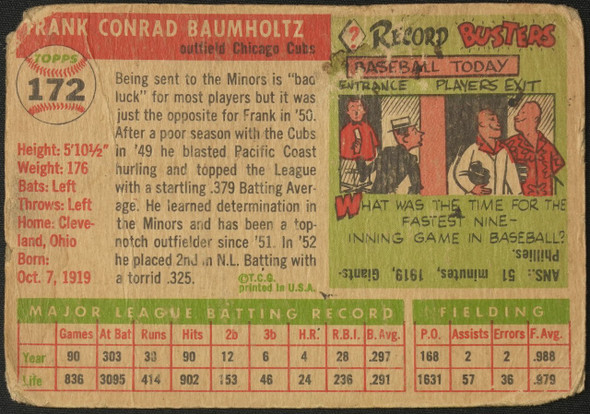 1955 Topps Frank Baumholtz #172 Chicago Cubs High Number Low Grade - Creases Example A back of card