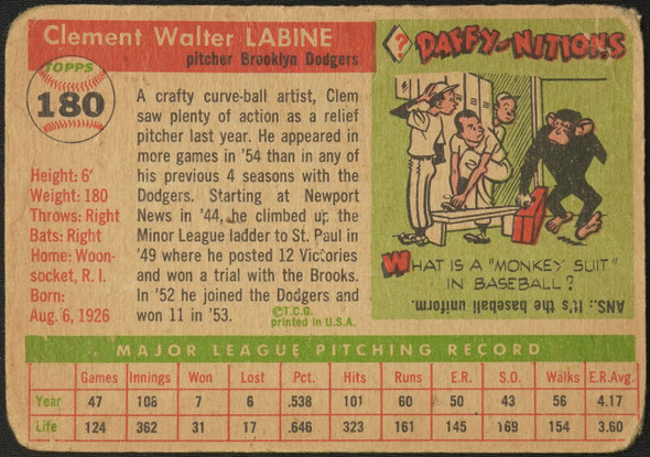 1955 Topps Clem Labine #180 Brooklyn Dodgers High Number Low Grade - Creases Example A back of card