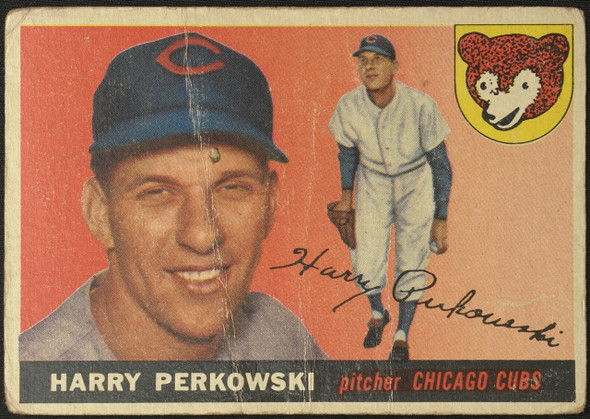 1955 Topps Harry Perkowski #184 Chicago Cubs High Number Low Grade - Creases Example A front of card