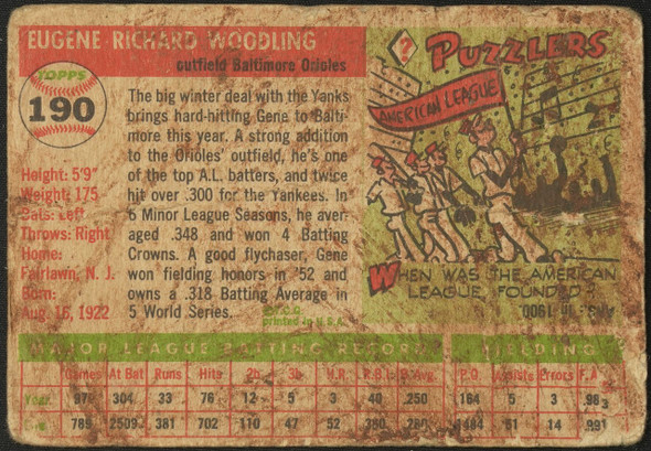 1955 Topps Gene Woodling #190 Baltimore Orioles High Number Low Grade - Creases — Example B back of card