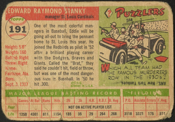 1955 Topps Eddie Stanky #191 St. Louis Cardinals High Number Low Grade - Creases — Example B back of card