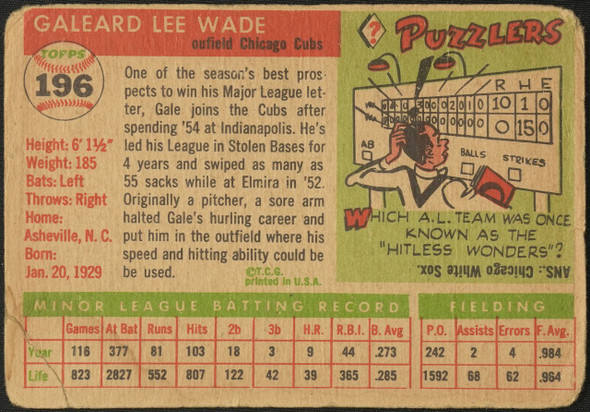 1955 Topps Gale Wade #196 Chicago Cubs High Number Low Grade - Creases — Example C back of card