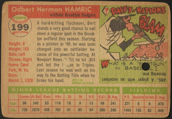 1955 Topps Bert Hamric #199 Brooklyn Dodgers RC High Number Low Grade - Creases Example A back of card