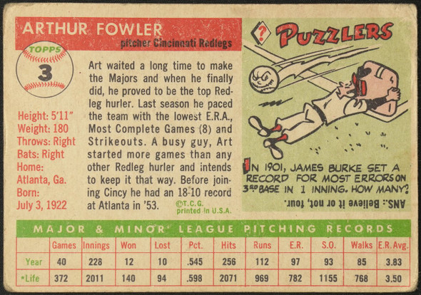 1955 Topps Art Fowler #3 Cincinnati Redlegs RC Low Grade - Creases back of card
