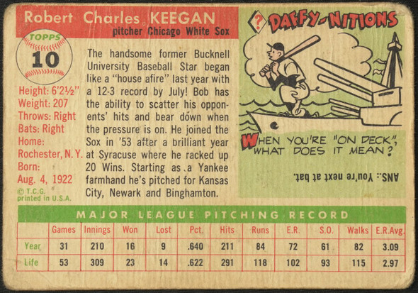 1955 Topps Bob Keegan #10 Chicago White Sox Low Grade - Creases Example A back of card