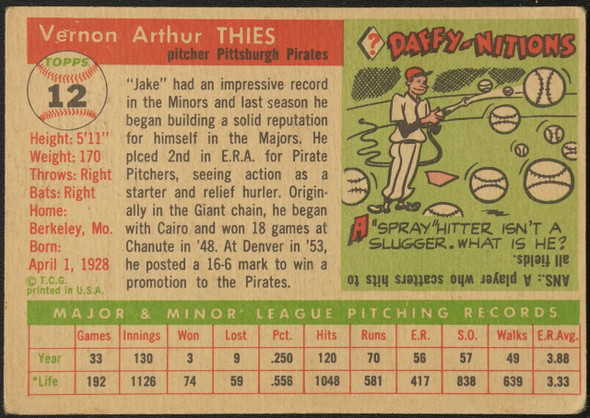 1955 Topps Jake Thies #12 Pittsburgh Pirates RC Fair Example A back of card