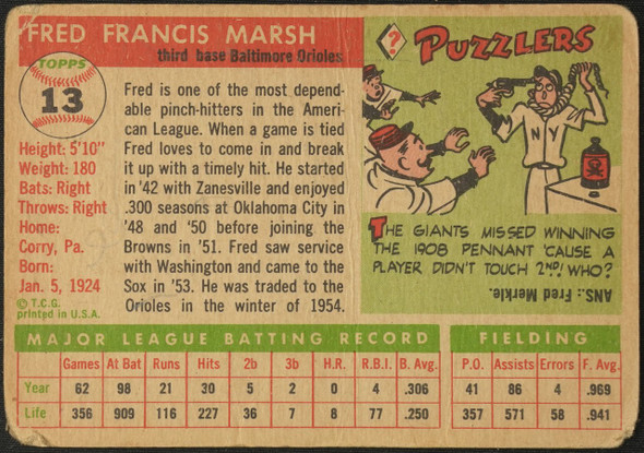 1955 Topps Fred Marsh #13 Baltimore Orioles Fair — Example A back of card