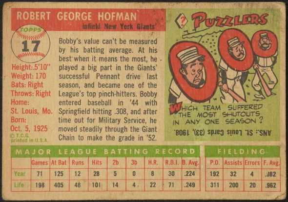 1955 Topps Bobby Hofman #17 New York Giants Low Grade - Creases back of card