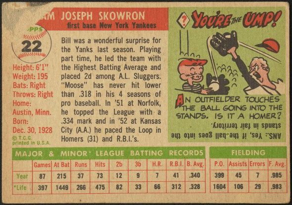 1955 Topps Bill Skowron #22 New York Yankees Fair Example A back of card