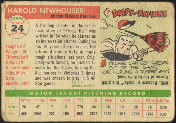1955 Topps Hal Newhouser #24 Cleveland Indians Low Grade - Creases back of card